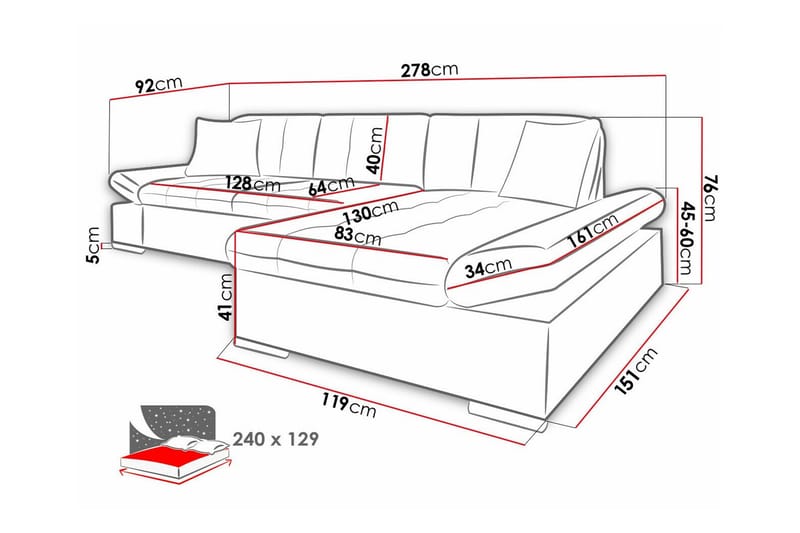 Lomux 3-seter Høyre Hjørnesovesofa 129x240 cm med Oppbevaring i Stoff - Grå - Møbler - Sofaer - Sovesofaer
