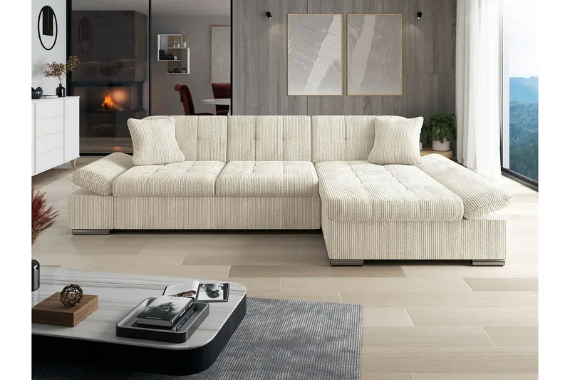 Lomux 3-seter Høyre L-formet Hjørnesovesofa med Oppbevaring i Stoff - Kremhvit - Møbler - Sofaer - Sovesofaer