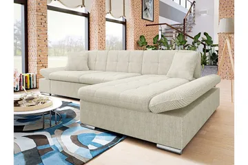 Lomux 3-seter Høyre L-formet Hjørnesovesofa med Oppbevaring i Stoff - Kremhvit - Møbler - Sofaer - Sovesofaer