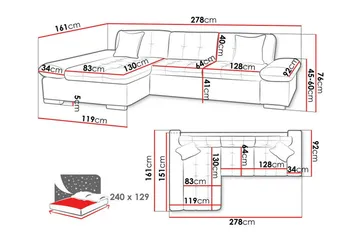 Lomux 3-seter Venstre Hjørnesovesofa 129x240 cm med Oppbevaring i Stoff - Lysegrå - Møbler - Sofaer - Sovesofaer