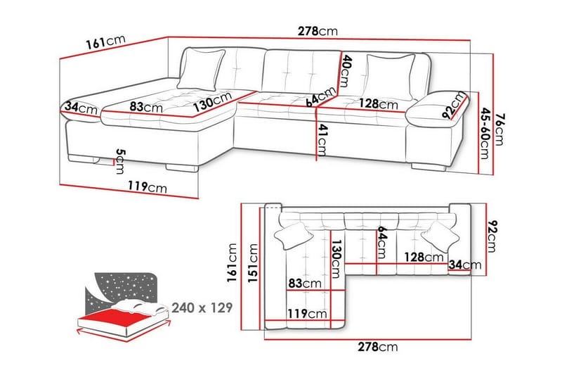 Lomux 3-sits Hörnbäddsoffa NO_BRAND Ljusgrå - Møbler - Sofaer - Sovesofaer