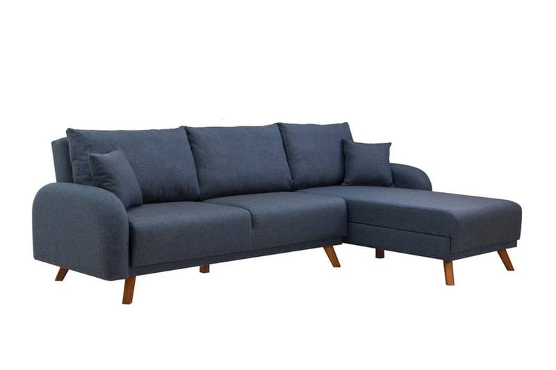 Malkiat 3-seter Høyre L-formet Hjørnesovesofa i Stoff med Tremben - Blå - Møbler - Sofaer - Sovesofaer