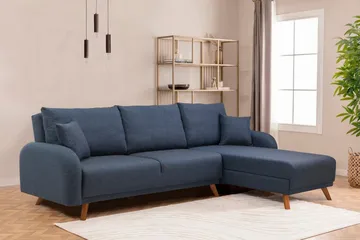 Malkiat 3-seter Høyre L-formet Hjørnesovesofa i Stoff med Tremben - Blå - Møbler - Sofaer - Sovesofaer