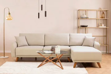 Malkiat 3-seter Høyre L-formet Hjørnesovesofa i Stoff med Tremben - Lysebeige - Møbler - Sofaer - Sovesofaer