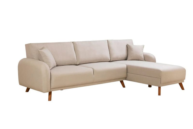 Malkiat 3-seter Høyre L-formet Hjørnesovesofa i Stoff med Tremben - Lysebeige - Møbler - Sofaer - Sovesofaer