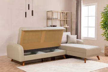 Malkiat 3-seter Høyre L-formet Hjørnesovesofa i Stoff med Tremben - Lysebeige - Møbler - Sofaer - Sovesofaer