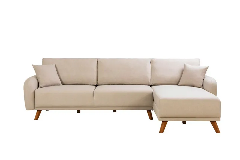 Malkiat 3-seter Høyre L-formet Hjørnesovesofa i Stoff med Tremben, Lysebeige