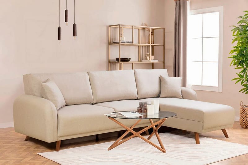 Malkiat 3-seter Høyre L-formet Hjørnesovesofa i Stoff med Tremben - Lysebeige - Møbler - Sofaer - Sovesofaer