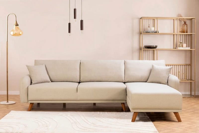 Malkiat 3-seter Høyre L-formet Hjørnesovesofa i Stoff med Tremben - Lysebeige - Møbler - Sofaer - Sovesofaer