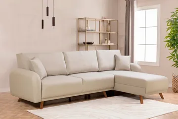 Malkiat 3-seter Høyre L-formet Hjørnesovesofa i Stoff med Tremben - Lysebeige - Møbler - Sofaer - Sovesofaer