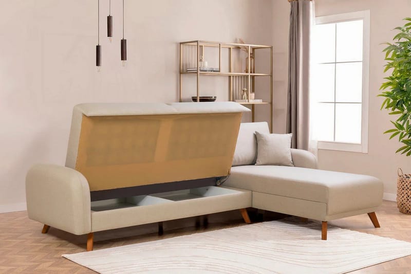 Malkiat 4-seter Høyre L-formet Hjørnesovesofa 125x260 cm med Oppbevaring i Stoff - Hvit - Møbler - Sofaer - Sovesofaer