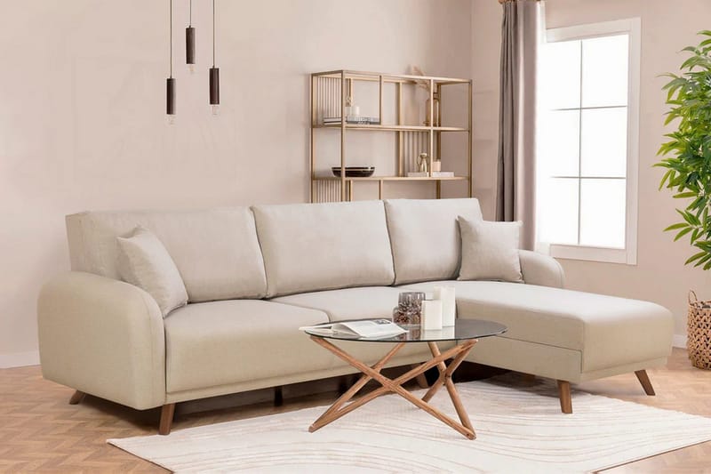 Malkiat 4-seter Høyre L-formet Hjørnesovesofa 125x260 cm med Oppbevaring i Stoff - Hvit - Møbler - Sofaer - Sovesofaer