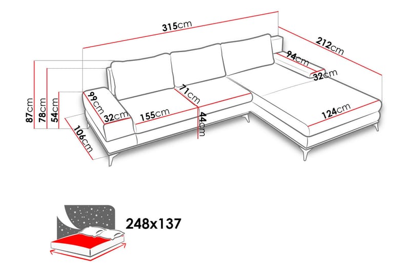 Manila Divansovesofa 315x212x87 cm - Sovesofaer - Sovesofa divan - Fløyel sofaer