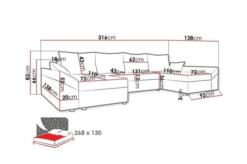 Midfeld 4-seter Hjørnesovesofa 130x268 cm med Oppbevaring i Kordfløyel - Grå - Møbler - Sofaer - Sovesofaer