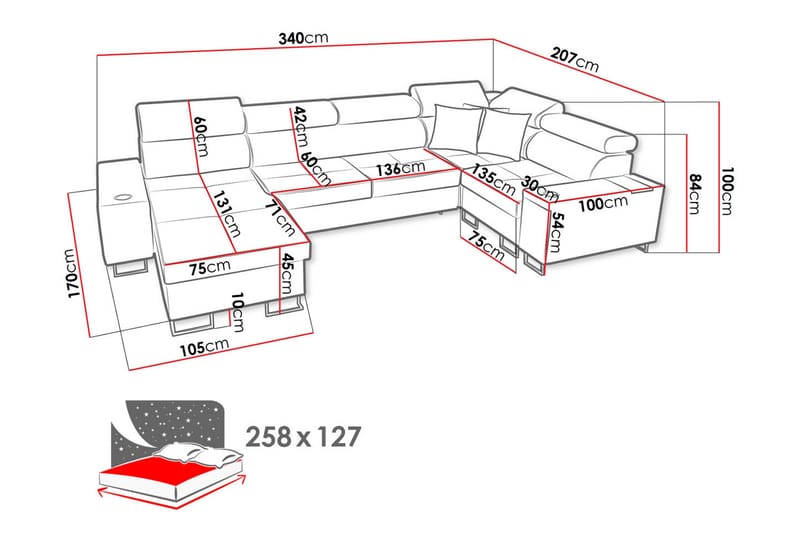 Morenia 4-seter Høyrevendt Sovesofa 127x258 cm med Oppbevaring i Fløyel - Lysegrå - Møbler - Sofaer - Sovesofaer
