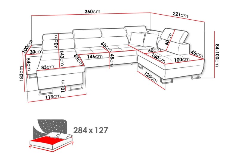 Morenia 4-seter Venstrevendt Sovesofa 127x284 cm med Oppbevaring i Fløyel - Lysegrå - Møbler - Sofaer - Sovesofaer