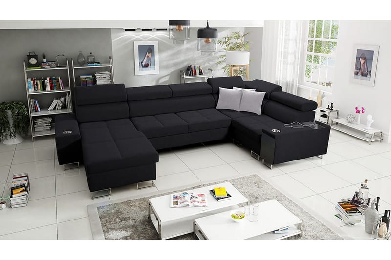 Morenia 4-seter Venstrevendt Sovesofa 127x284 cm med Oppbevaring i Stoff - Svart - Møbler - Sofaer - Sovesofaer
