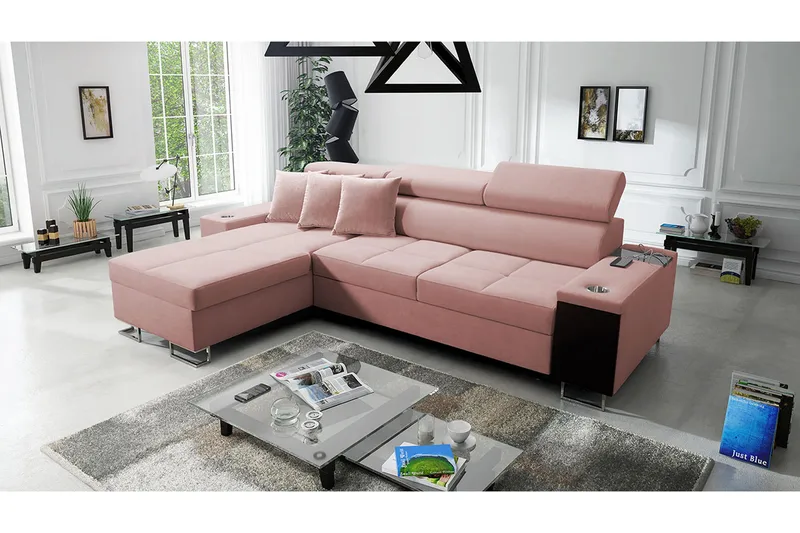 Morenia Langsgående L-hjørnesovesofa 4-sæder med Opbevaring i Fløjl Venstre - Rosa - Møbler - Sofaer - Sovesofaer