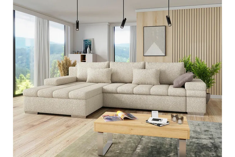 Naoma 3-seter Venstre L-formet Sovesofa med Sjeselong i Bouclé - Beige - Møbler - Sofaer - Sovesofaer