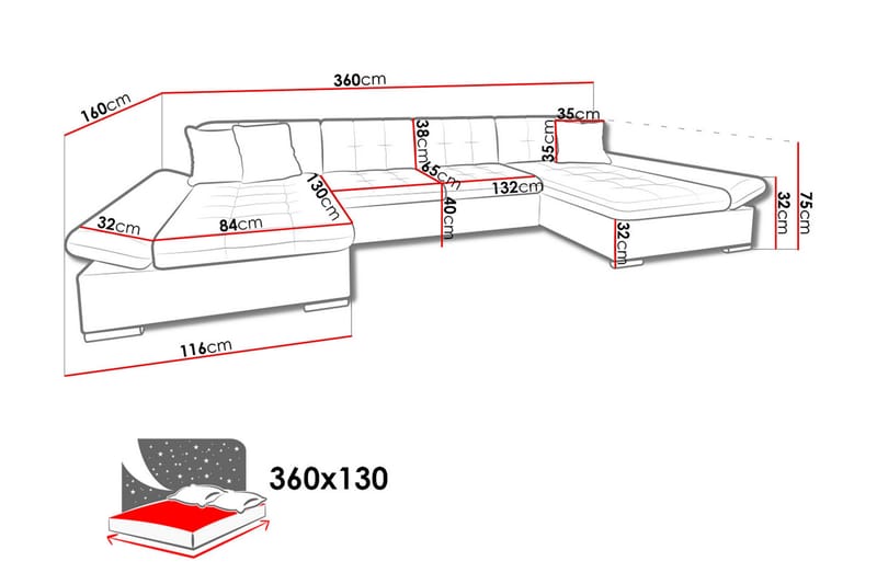 Niesha U-sovesofa - Grå/Hvit/Rød - Sovesofaer - Skinnsofaer - Fløyel sofaer - U sovesofa - Sovesofa divan