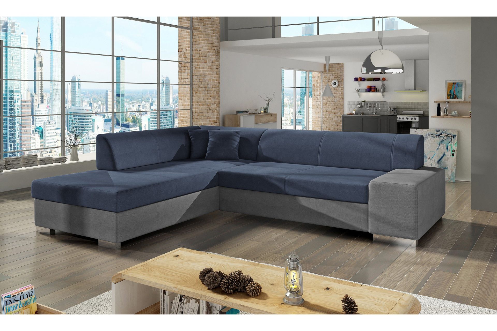 Pavones Sovesofa med Sjeselong - Blå/Grå