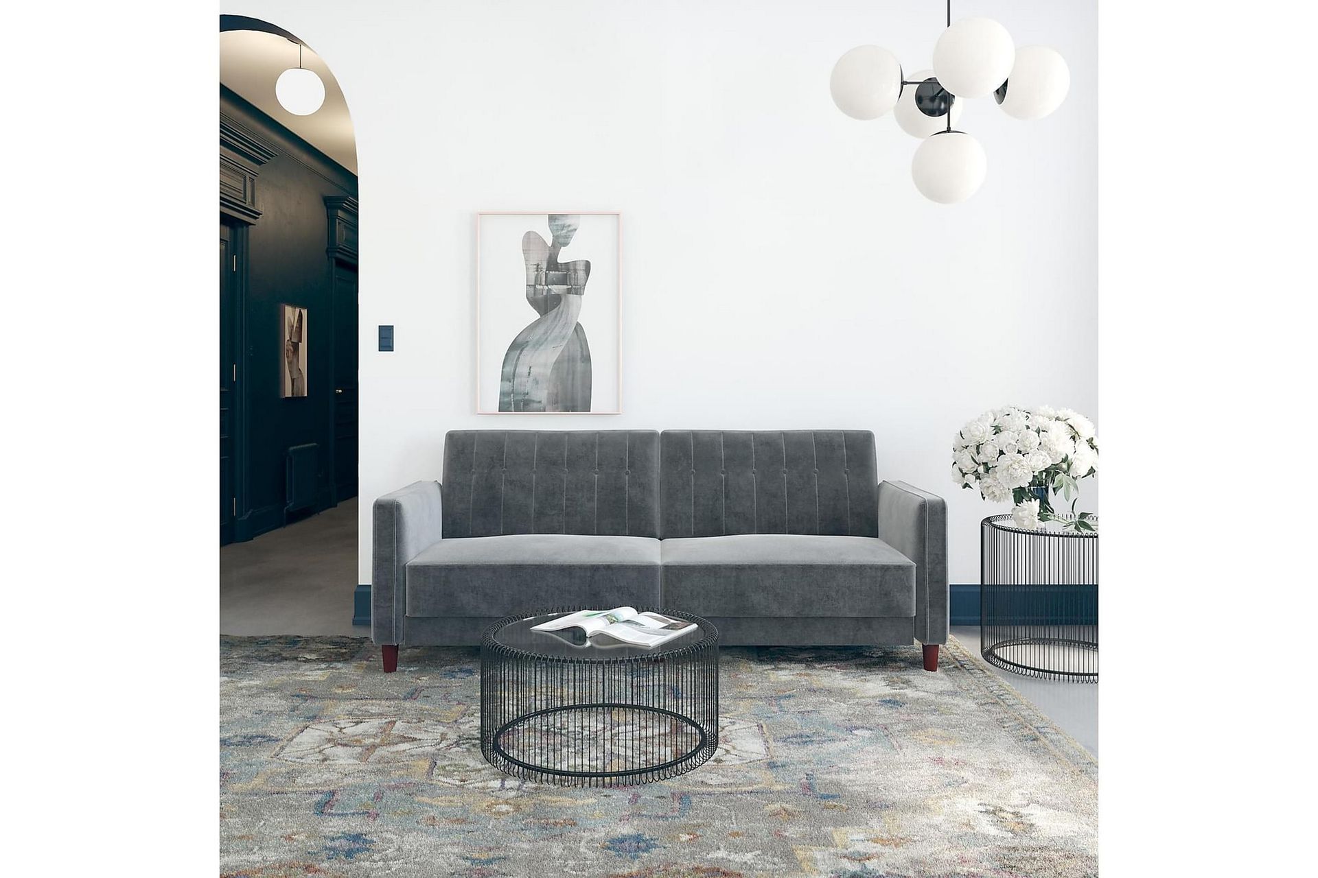 Pin Tufted 2-seters Sovesofa Fløyel/Grå - Dorel Home - Møbler - Sofaer - Sovesofaer