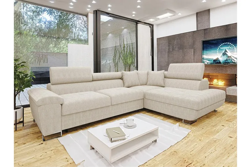 Reginia 3-seter Hjørnesovesofa 125x195 cm med Oppbevaring i Kordfløyel - Lys Beige - Møbler - Sofaer - Sovesofaer
