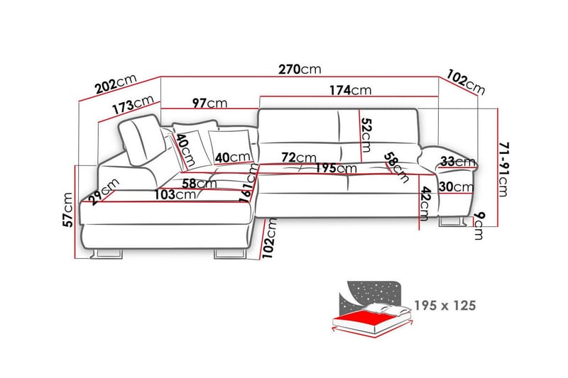 Reginia 3-seters Venstrevendt Hjørnesovesofa 125x195 cm med Oppbevaring - Grå - Møbler - Sofaer - Sovesofaer