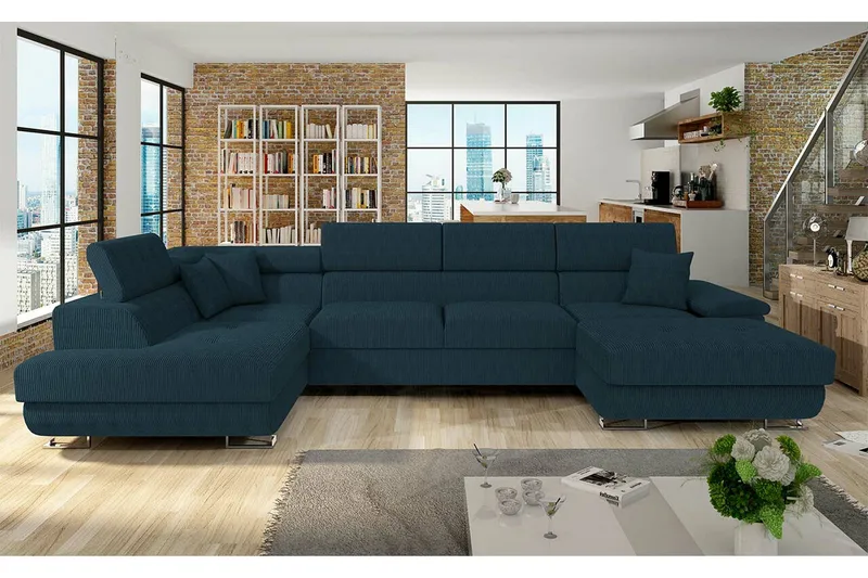 Reginia 4-seter Hjørnesovesofa 125x270 cm med Oppbevaring i Manchesterstoff - Blå - Møbler - Sofaer - Sovesofaer
