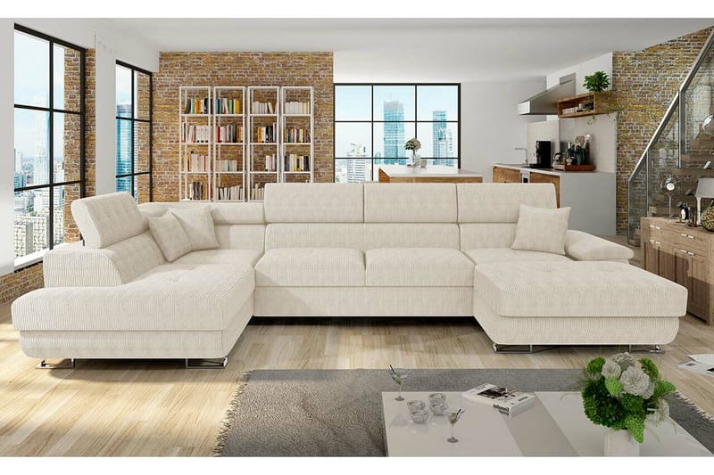 Reginia 4-seter Hjørnesovesofa 125x270 cm med Oppbevaring i Manchesterstoff - Kremhvit - Møbler - Sofaer - Sovesofaer