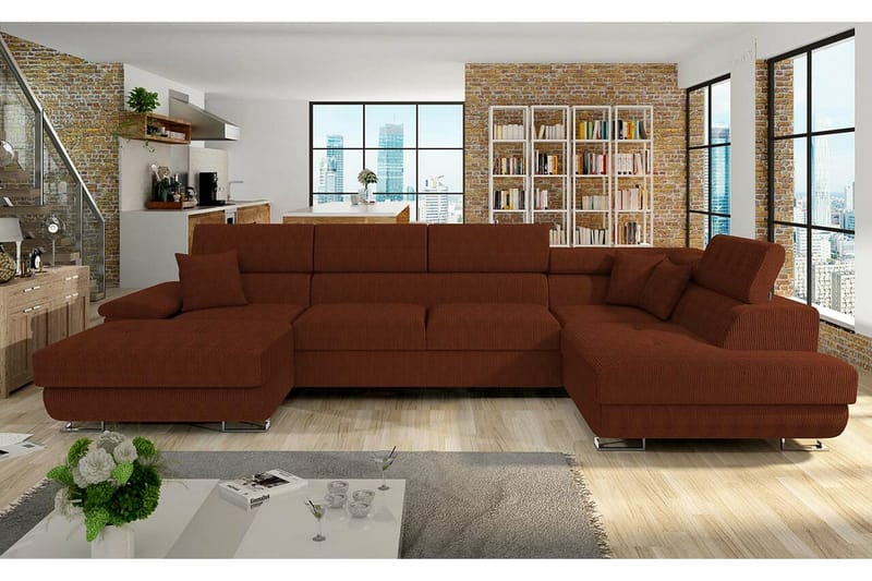 Reginia 4-seters Hjørnesovesofa 125x270 cm med Liftup Oppbevaring i Mansjesterstoff - Brun - Møbler - Sofaer - Sovesofaer