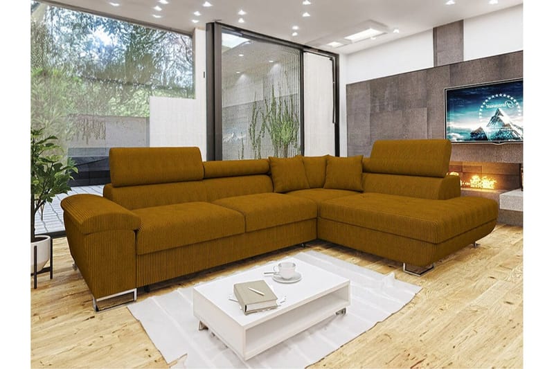 Reginia Høyrevendt Hjørnesovesofa 125x195 cm med Oppbevaring i Manchesterstoff - Gul - Møbler - Sofaer - Sovesofaer
