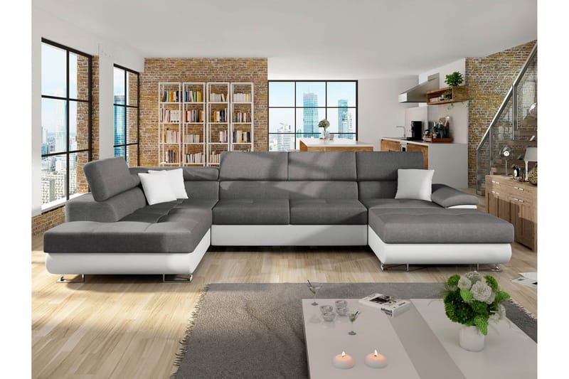 Reginia Sovesofa med Sjeselong og Dobbel Sjeselong 4-seter i Kunstlær - Hvit / Grå - Møbler - Sofaer - Sovesofaer