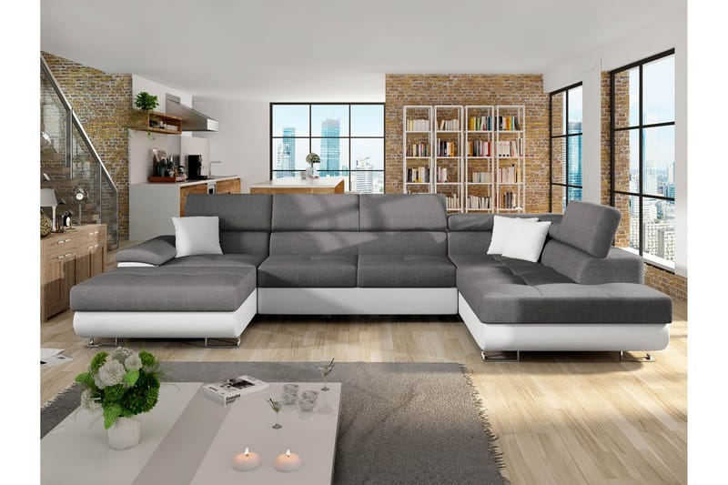 Reginia Sovesofa med Sjeselong og Dobbel Sjeselong 4-seter i Kunstlær - Hvit / Grå - Møbler - Sofaer - Sovesofaer