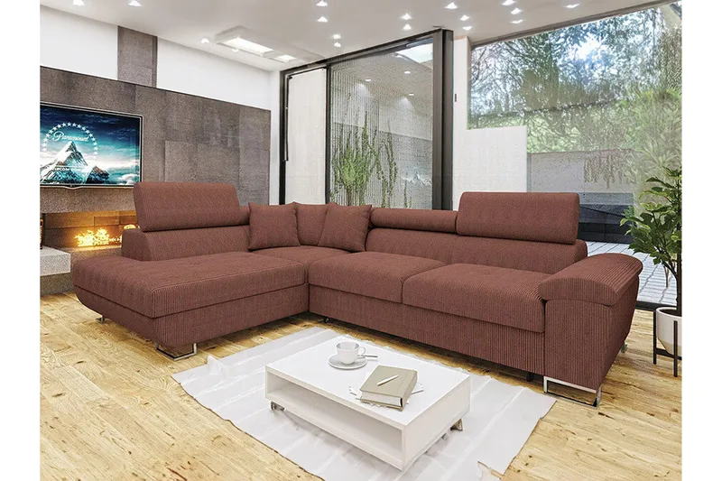 Reginia Venstrevendt Hjørnesovesofa 125x195 cm med Oppbevaring i Manchesterstoff - Brun - Møbler - Sofaer - Sovesofaer