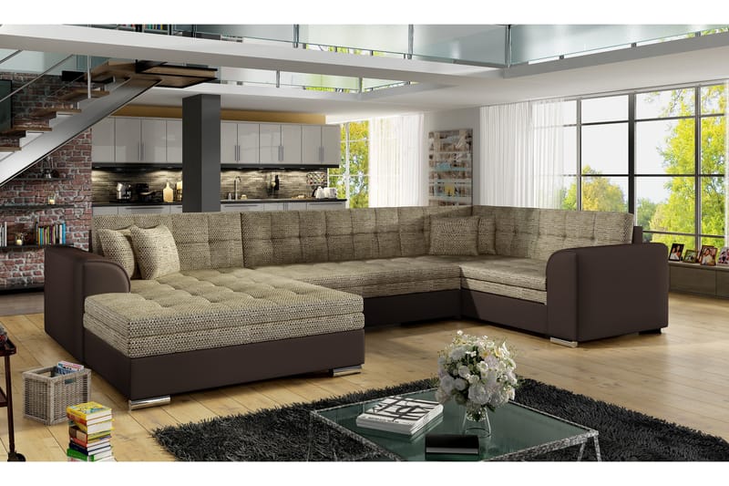 Rineta Sovesofa med Dobbeldivan - Beige/Brun - Møbler - Sofaer - Sovesofaer