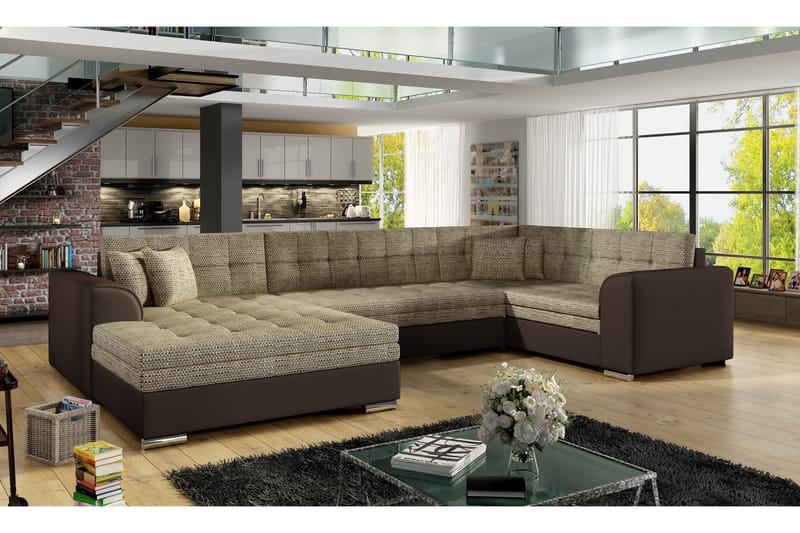 Rineta Sovesofa med Dobbeldivan - Beige/Brun - Sovesofaer - U sovesofa - Sovesofa divan