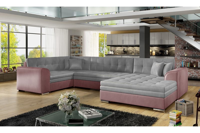 Rineta Sovesofa med Dobbeldivan - Grå/Rosa - Sovesofaer - U sovesofa - Sovesofa divan