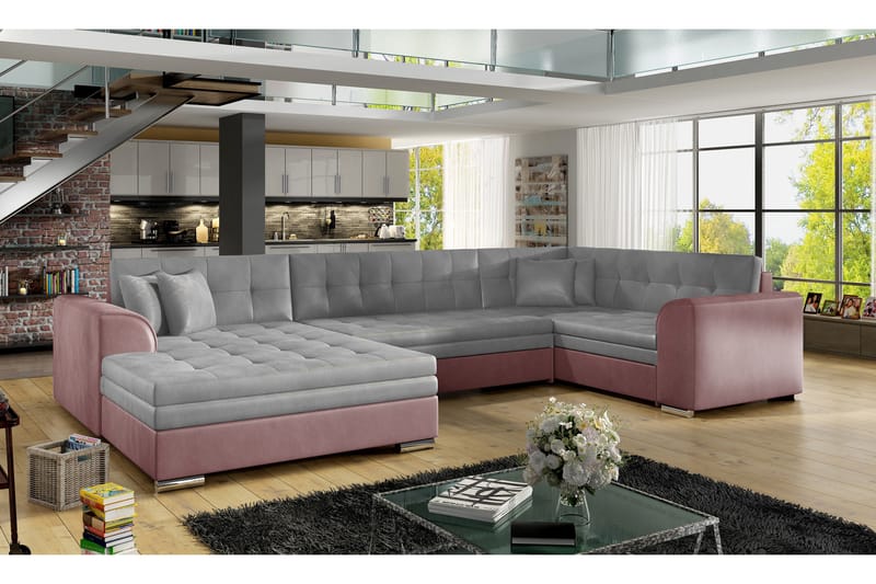 Rineta Sovesofa med Dobbeldivan - Grå/Rosa - Sovesofaer - U sovesofa - Sovesofa divan