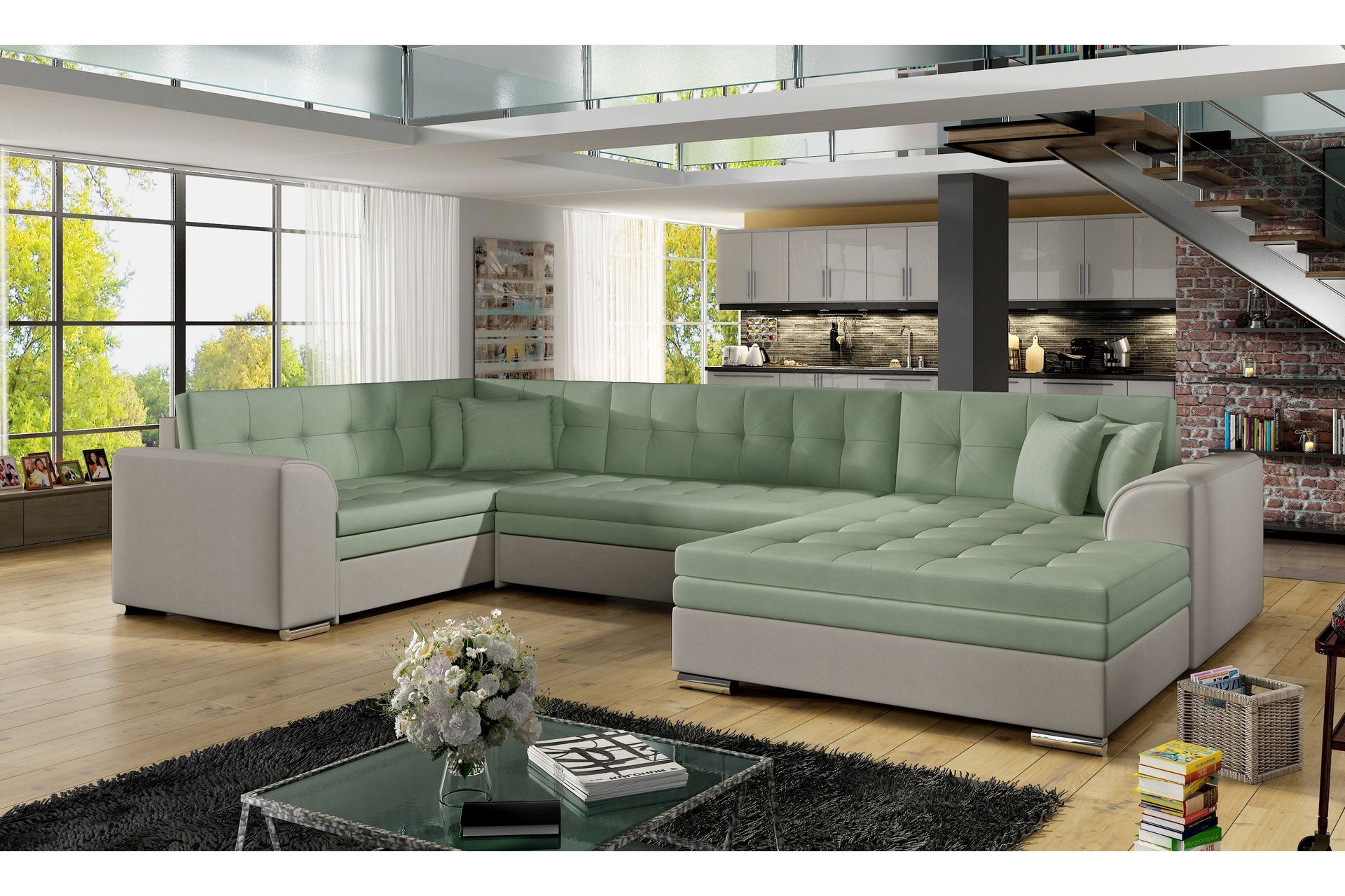 Rineta Sovesofa med Dobbeldivan - Grønn/Grå