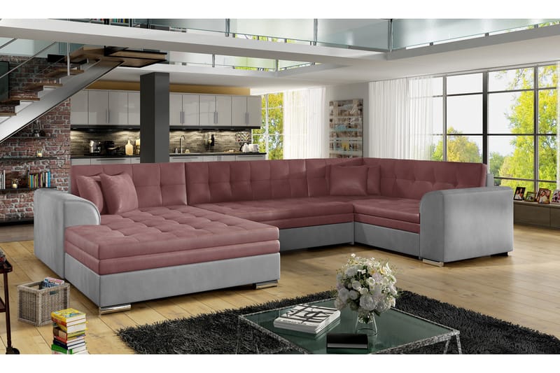 Rineta Sovesofa med Dobbeldivan - Rosa/Grå - Sovesofaer - U sovesofa - Sovesofa divan