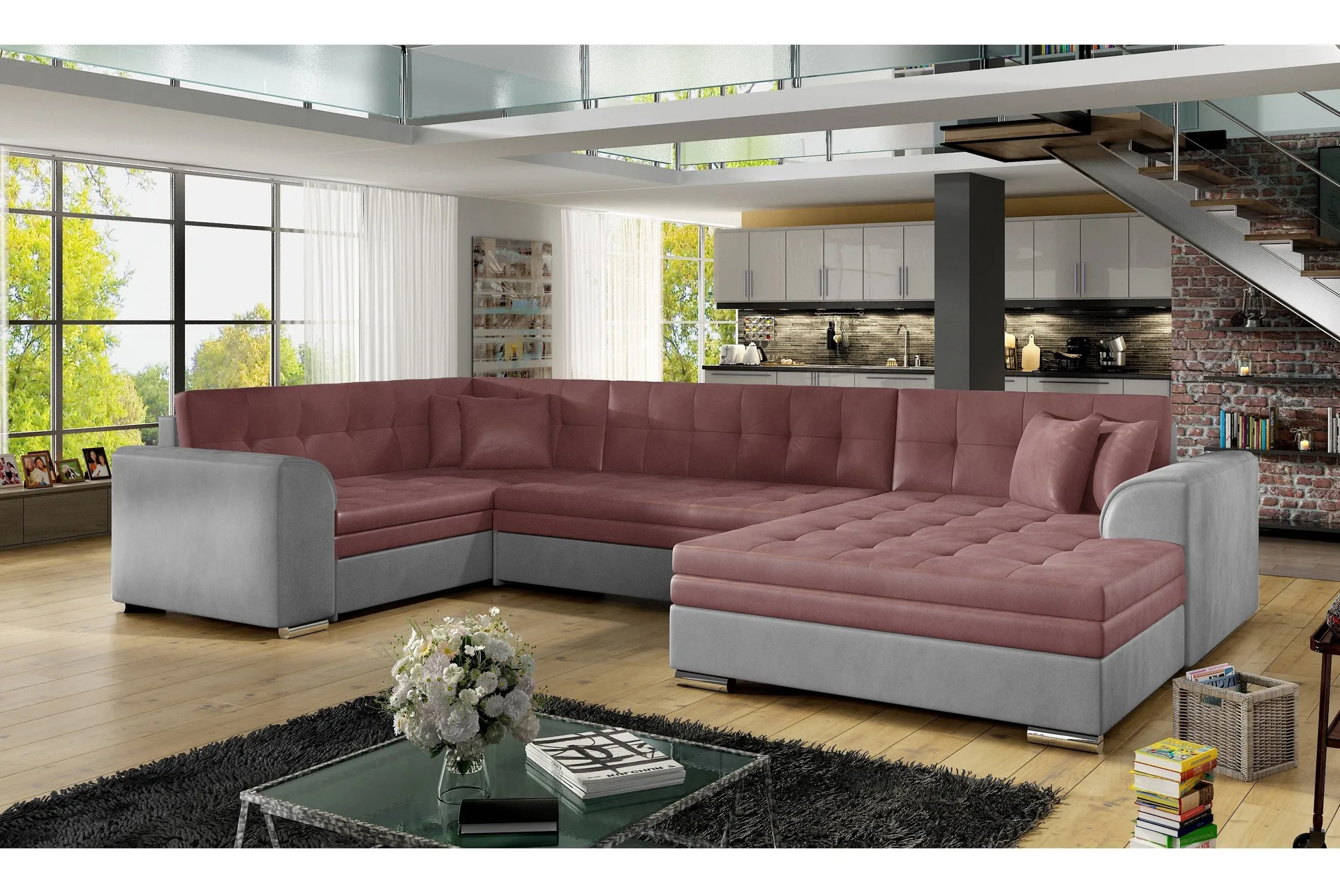 Rineta Sovesofa med Dobbeldivan - Rosa/Grå