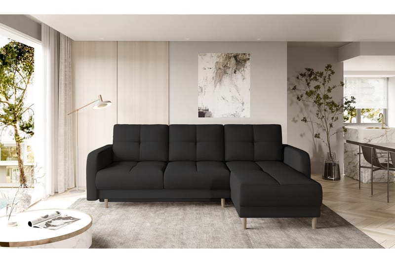 Saimon Sovesofa m. Divan med Oppbevaring 3-seter - Svart - Sovesofaer - Sovesofa divan