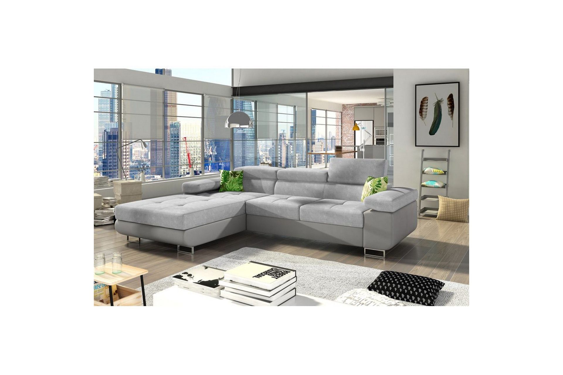 Seksjon Eltap Armando 289x85x203 cm - Soro 83, Soft 29, Hvit, Grå, Puter: Jungle 32, Grønn, Venstre