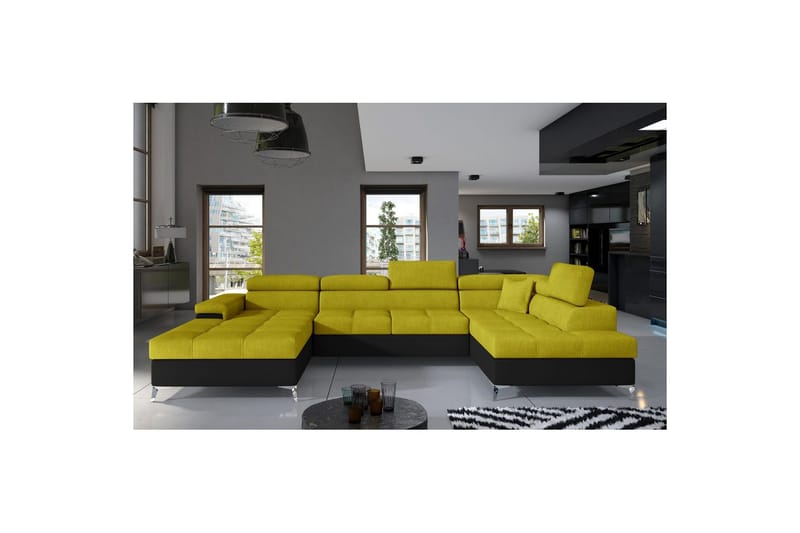 Seksjon Eltap Eduardo 337x205x88 cm - Omega 68, Soft 11, Gul, Svart, Høyre - Møbler - Sofaer - Sovesofaer