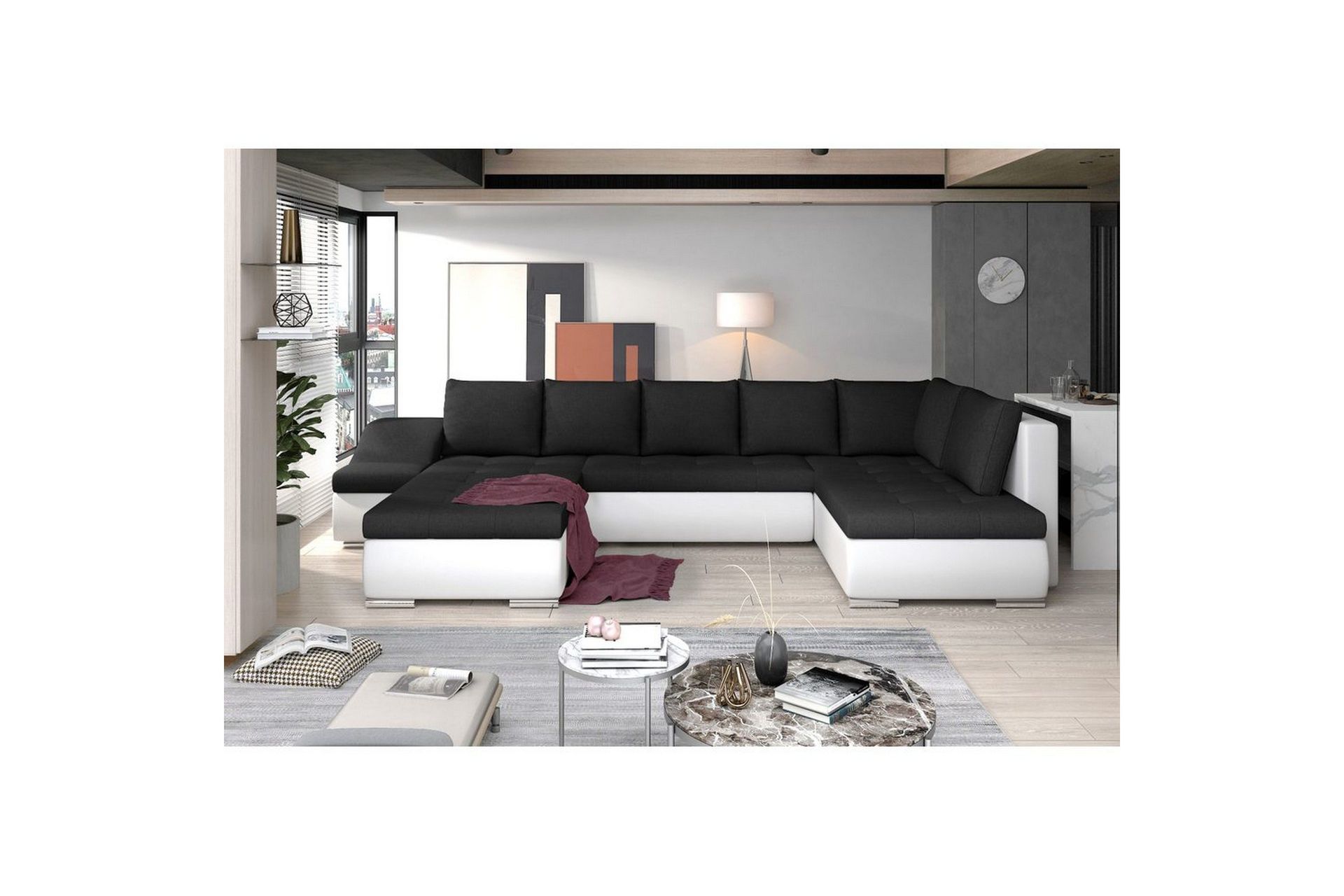 Seksjon Eltap Giovanni 351x82x190 cm - Sawana 14, Soft 17, Svart, Hvit, Venstre