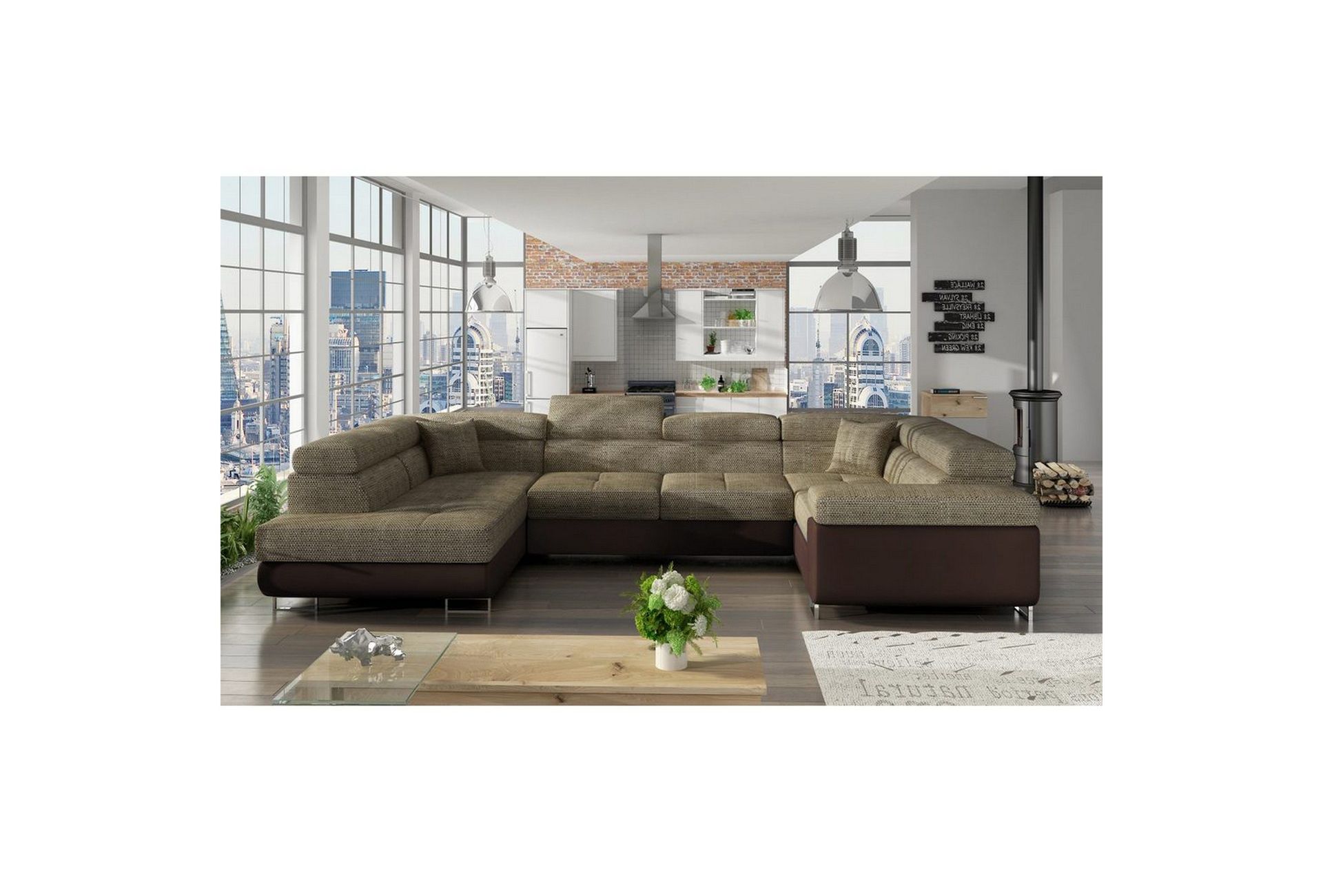Seksjon Eltap Letto 340x202x90 cm - Berlin 03, myk 66, beige, mørk brun, Venstre