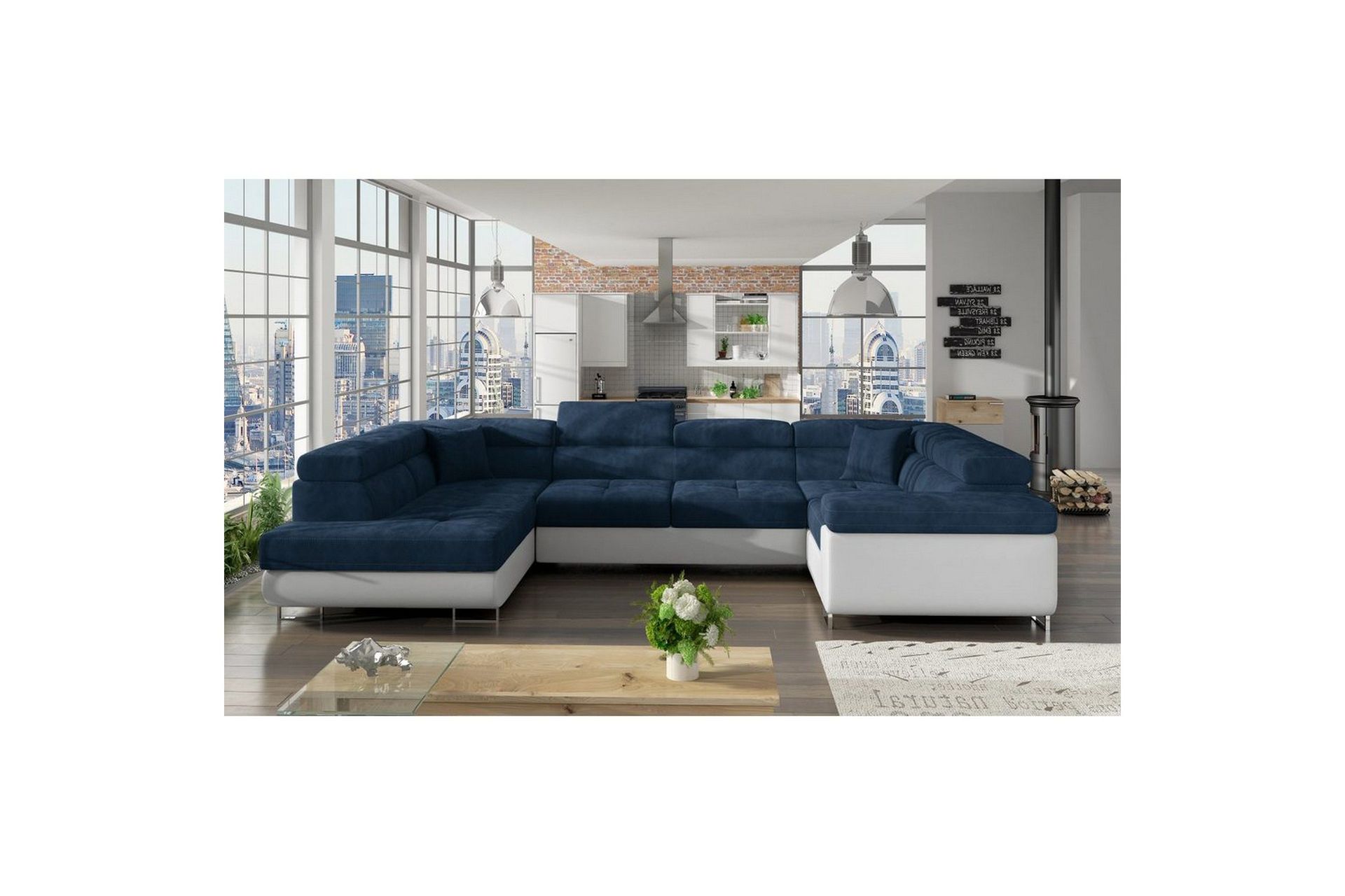 Seksjon Eltap Letto 340x202x90 cm - Kronos 09, Soft 17, Mørk Blå, Hvit, Venstre