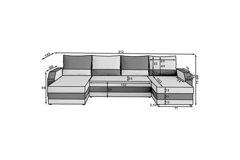 Seksjon Eltap Marion 312x143x88 cm - Alova 36, Alova 04, Grå, Svart - Møbler - Sofaer - Sovesofaer