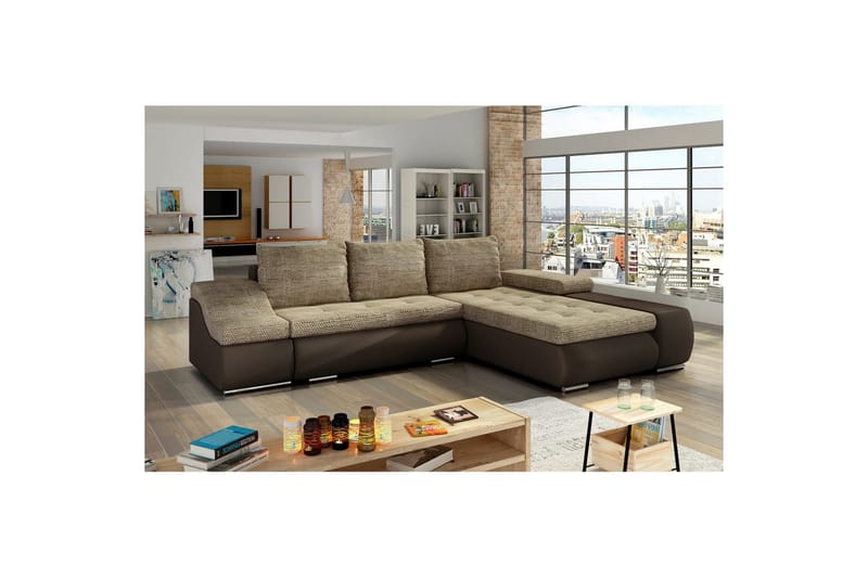 Seksjon Eltap Ontario 295x200x82 cm - Berlin 03, Soft 66, Beige, Mørkebrun, Høyre - Møbler - Sofaer - Sovesofaer